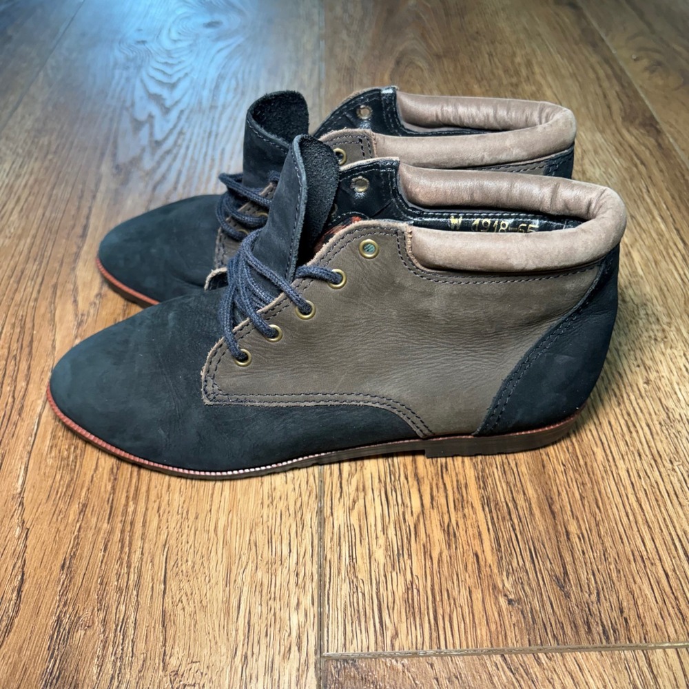 Sporto Womens Two Tone Leather Lace Up Ankle Boots Black Brown Brazil Size 6.5